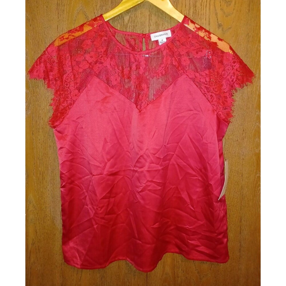 Calligraphie Womens Hot Pink Satin Lace Short Sleeve Shirt Size XL